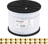 A large spool of white coaxial cable is shown, with a label detailing its specifications. Below the spool, a row of gold F-connectors is displayed. Produktbild-Vorschau