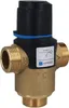 A thermostatic mixing valve with a black plastic cap and blue ring, mounted on a brass body. It has threaded connections on the sides and bottom. A label with temperature information and the AFRISO logo is visible. Anteprima dell’immagine prodotto
