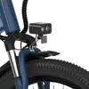 Close-up view of the front fork and wheel of a blue electric bicycle, showing a black headlight and fender. Voir les images du produit