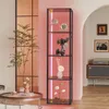 A modern living room with a tall display cabinet filled with decorative items, illuminated by pink LED lights. Produktbild-Vorschau