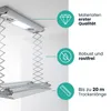 A ceiling-mounted electric clothes dryer with integrated lighting and fans, shown in a room with a white ceiling and wall. Feature callouts are present. Produktbild-Vorschau