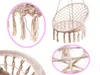 A collage of close-up images of a beige macrame hanging chair, showing details of the weaving and fringe. Podgląd zdjęcia produktu