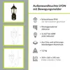 Product information and diagrams for an outdoor wall light. Produktbild-Vorschau