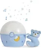 A blue and white star projector with a teddy bear accessory, set against a white background. Produktbild-Vorschau