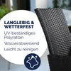 Close-up of a black rattan chair with text overlay highlighting product features. Produktbild-Vorschau