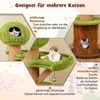 Collage of images showing different features of a cat tree, with German text descriptions. Náhled obrázku produktu