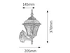 A sketch of a vintage-style outdoor wall lamp with dimensions indicated. Produktbild-Vorschau