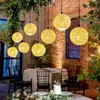 A dining area decorated with hanging lamps and greenery, set up for an event. Anteprima dell’immagine prodotto