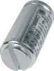 A close-up, angled view of a silver cylindrical capacitor with text and symbols printed on its side. Produktbild-Vorschau