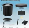 A collection of items related to an ice bath setup, including the main tub, a lid, a carrying bag, a pump, and other accessories, all presented against a light blue background. Produktbild-Vorschau