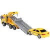 A yellow toy tow truck with a yellow toy taxi on its ramp, isolated on a white background. Anteprima dell’immagine prodotto