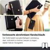 A collage of images showing a black phone case with a wrist strap, a person holding a notebook and a coffee cup, and a close-up of the wrist strap attachment. Produktbild-Vorschau