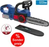 A blue and black cordless chainsaw with a silver bar, shown with a black protective cover and promotional stickers. Produktbild-Vorschau