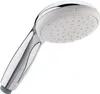 A close-up studio shot of a chrome and white hand-held shower head against a white background. Produktbild-Vorschau