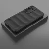 A black phone case with a ribbed texture and a camera bump is displayed on a gray platform. Produktbild-Vorschau
