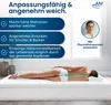 A person lying on a mattress with highlighted pressure points, accompanied by text describing product features and a physiotherapist's endorsement. Voir les images du produit