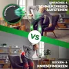 A split image showing an elderly man struggling to stand up from a chair due to back and knee pain, contrasted with an illustration of a seat cushion that aids in standing up pain-free. Produktbild-Vorschau