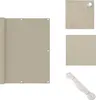 A beige balcony privacy screen is shown rolled up on the left side of the image, with close-up views of the fabric and a coiled rope on the right. Produktbild-Vorschau