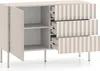 A light beige sideboard with fluted drawer fronts and open cabinet doors, shown on a white background. Produktbild-Vorschau