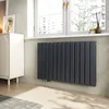 A modern anthracite radiator mounted on a light gray wall beneath a white-framed window. Náhled obrázku produktu