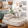 A collage showing an inflatable bed with a person jumping on it, a tote bag, and product specifications. Produktbild-Vorschau