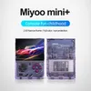 A marketing image for a Miyoo mini+ handheld game console, showing the front and back views. Produktbild-Vorschau