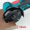 A close-up of a mini angle grinder cutting into a piece of wood, with a measurement indicator. Náhled obrázku produktu