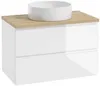 A white vanity cabinet with a wooden countertop and a white basin. Produktbild-Vorschau