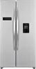 Front view of a silver side-by-side refrigerator with a black control panel and water dispenser. Produktbild-Vorschau