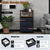 A fabric dresser with multiple drawers and shelves, shown in a room setting with plants and furniture. There are also inset images showing the storage capacity of the drawers. Náhled obrázku produktu