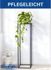 A tall, slender black metal plant stand holding a potted green plant with long, trailing vines. A white vase with white flowers is visible in the lower left corner. The background is a plain white wall with subtle shadows. Produktbild-Vorschau