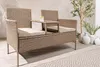 A modern outdoor bench with a built-in table, set on a patio with a rug and plants. Produktbild-Vorschau