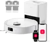 A white Roborock Q10 S5+ robot vacuum cleaner and its accessories are displayed on a white background. The set includes the robot vacuum, a charging dock, two dust bags, a smartphone, and a smartwatch, all featuring the brand's logo. Produktbild-Vorschau