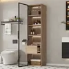 A modern bathroom with a toilet, a tall cabinet with glass door, and a towel rack. Voir les images du produit