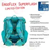 A back view of a teal and green backpack with leaf patterns, surrounded by text describing its features and a logo. Produktbild-Vorschau
