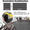 A collage showing different sizes of decking tiles and how they can be combined, along with a person cutting a tile and a view of a balcony with installed tiles. Produktbild-Vorschau