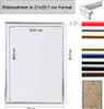 A product image showing a picture frame with dimensions and color options, along with a diagram of the frame's corner. Produktbild-Vorschau