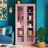 A pink metal cabinet with glass doors is filled with decorative items and baskets, placed in a living room setting next to a blue sofa and a large plant. Produktbild-Vorschau
