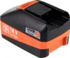 A black and orange power tool battery is shown from a slight diagonal angle against a white background. Produktbild-Vorschau
