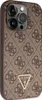 A close-up view of a brown phone case with a repeating Guess logo pattern and a triangular metal logo emblem. Podgląd zdjęcia produktu
