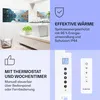 A collage of images showing a bathroom scene, a close-up of a heater's control panel and remote, and marketing text highlighting features. Produktbild-Vorschau