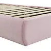 A close-up view of the side of a pink upholstered bed frame with wooden slats visible. Anteprima dell’immagine prodotto