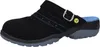 A side view of a black clog-style shoe with blue stitching and a silver buckle. Produktbild-Vorschau