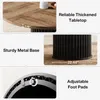 Collage of images showing details of a round dining table, including its tabletop thickness, metal base, and adjustable foot pads. Produktbild-Vorschau