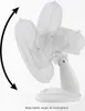 A white desk fan is shown from a side angle, with an arrow indicating its adjustable angle of inclination. Produktbild-Vorschau