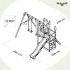 A technical drawing of a wooden playground set with dimensions and area indicated. Anteprima dell’immagine prodotto