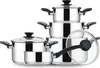 A set of stainless steel pots and pans with black handles and lids, arranged on a white background. Produktbild-Vorschau