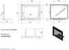 Technical drawings and a perspective view of a fireplace door. Produktbild-Vorschau