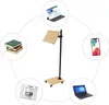 A collage of a rolling book stand surrounded by images of various items it can hold, such as books, a tablet, a smartphone, a newspaper, and a laptop. Produktbild-Vorschau