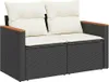 A studio shot of a gray rattan sofa with cream cushions and wooden armrests. Podgląd zdjęcia produktu